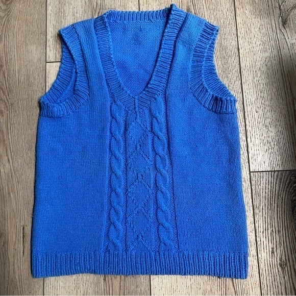 HANDMADE boys' light blue cardigan pull over V neck knitted, M 80's 3D Y2K retro - Picture 2 of 9